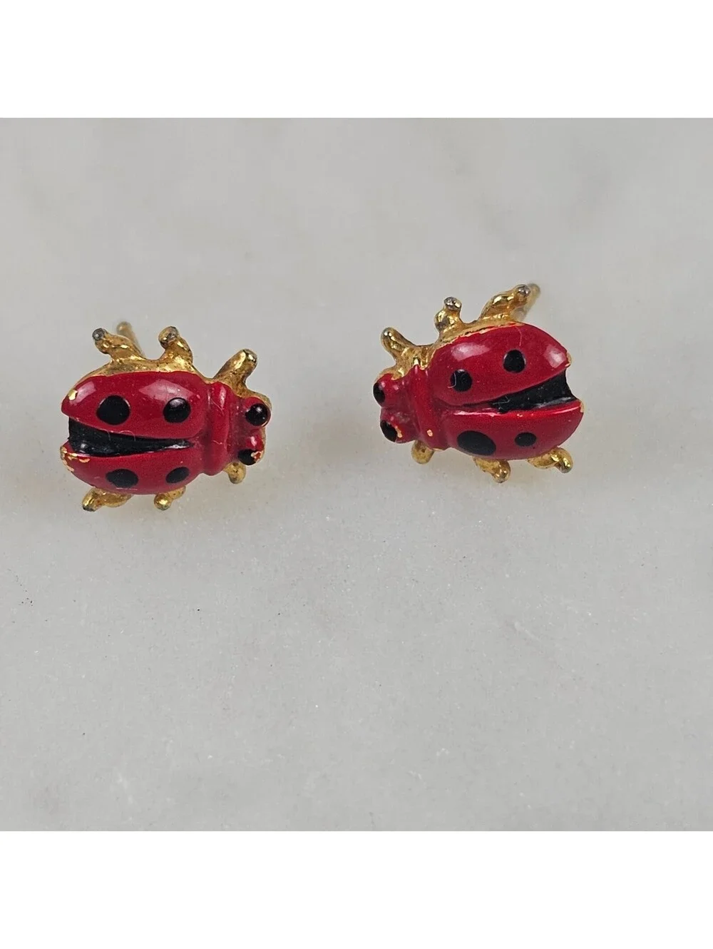 Vintage Ladybug Jewelry Set Brooch Stick Pin Post Earrings Red Enamel